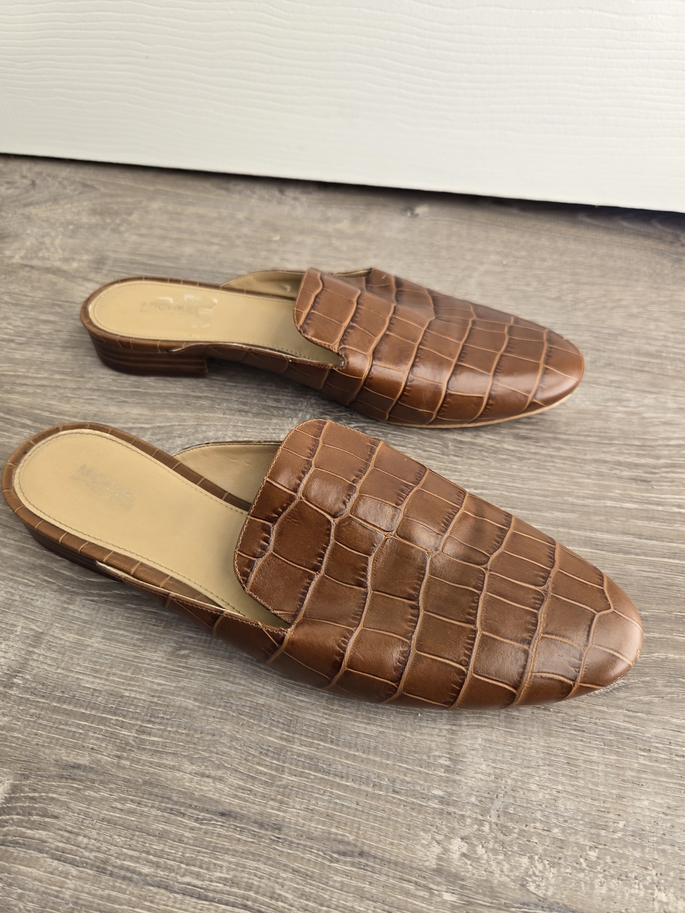 Michael Kors Croc-Embossed Backless Brown Leather Mules 9.5